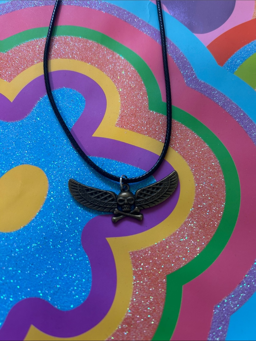 Winged Skull Pendant Necklace - Black